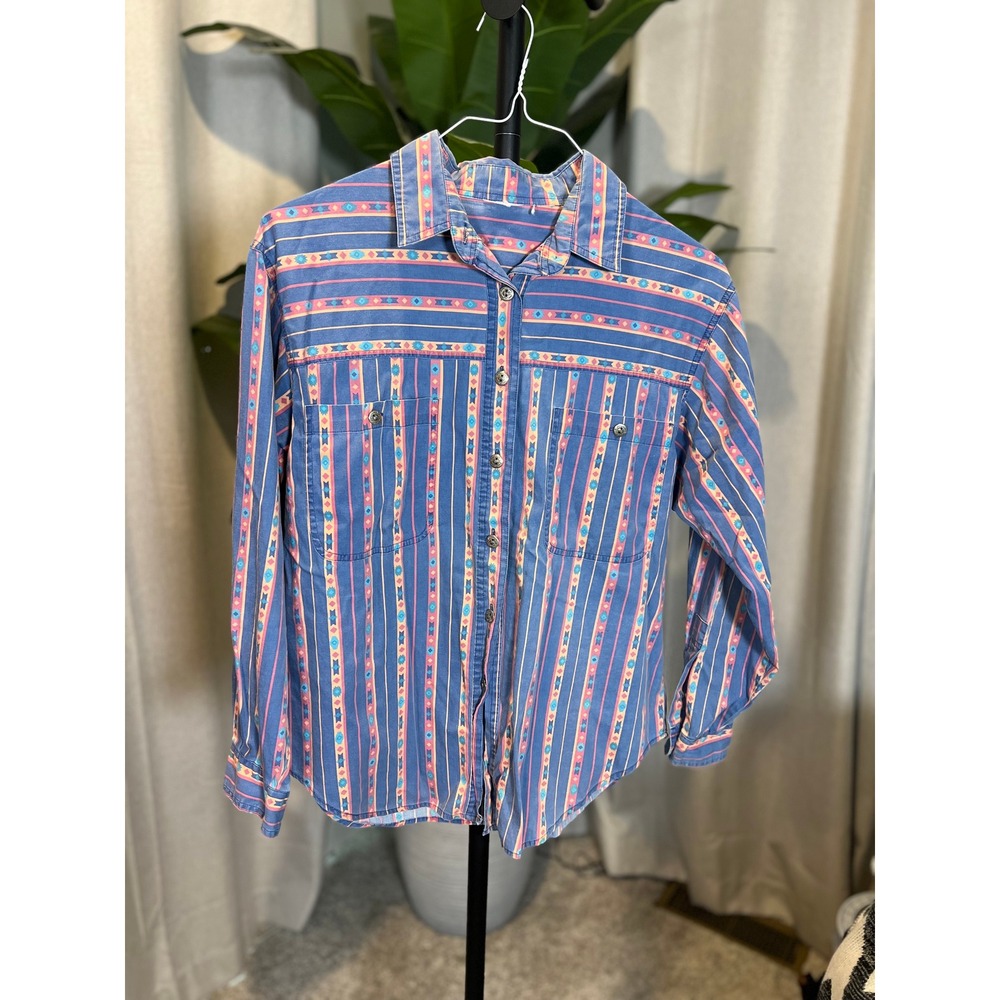 Vintage Southwestern Geometric Button Down Shirt Blue Long Sleeve Western Mens
